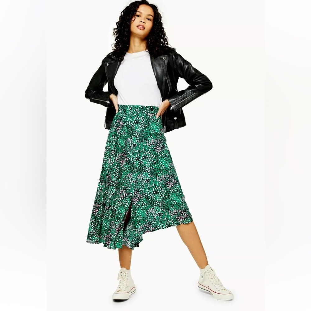 TopShop Green Painted Spot Pleat Midi Skirt US4 UK8